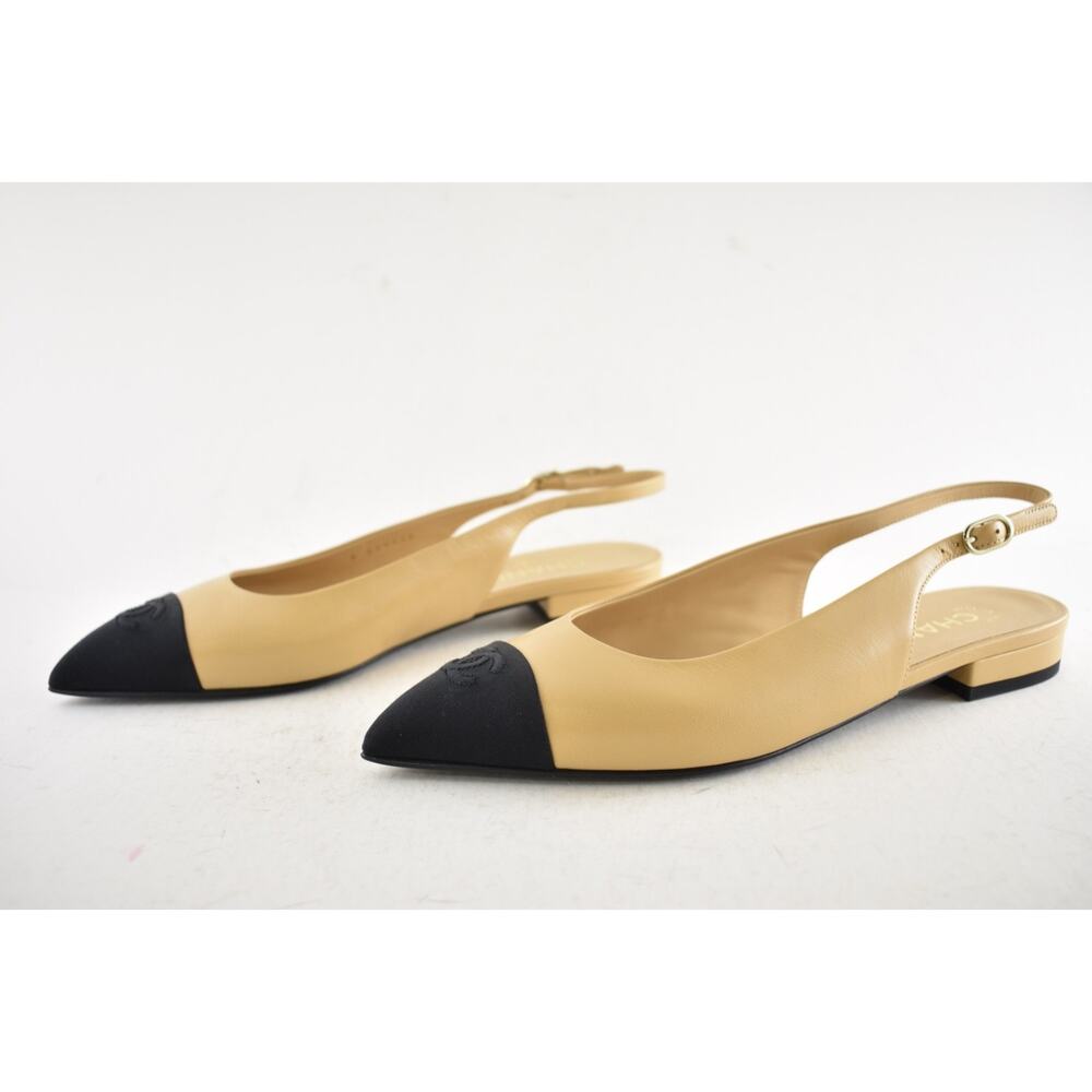 Chanel 24A Beige Leather Black CC Logo Coco Slingback Pointed Ballet Flat 41 - Picture 14 of 16
